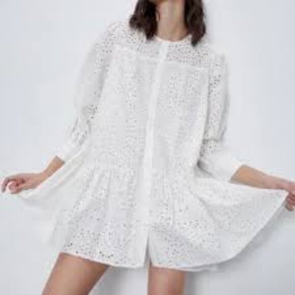 Zara Mini Dress Eyelet Babydoll White Button-Down Front Ruffle XS NEW - Picture 3 of 7